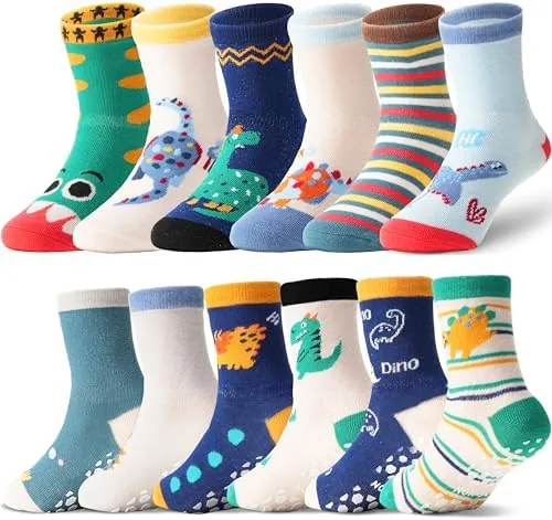 antsang 12 pairs baby girls boys toddlers kids grips socks crew cotton non slipanti skid grips socksdinosaur3 5t