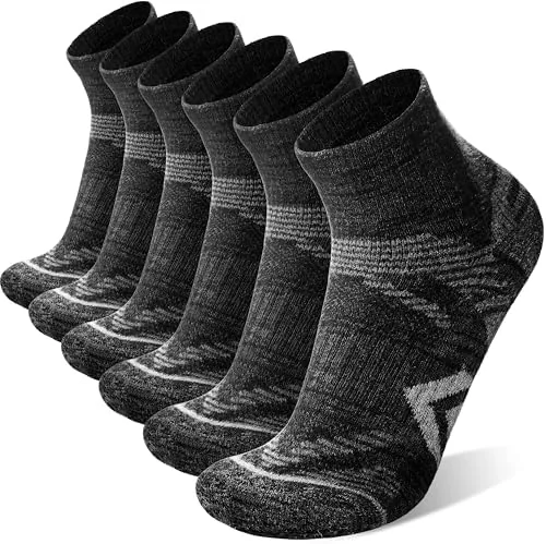 antsang 6 pairs merino wool quarter ankle hiking running socks compression thermal thick cushion socks for women menblack seriesl