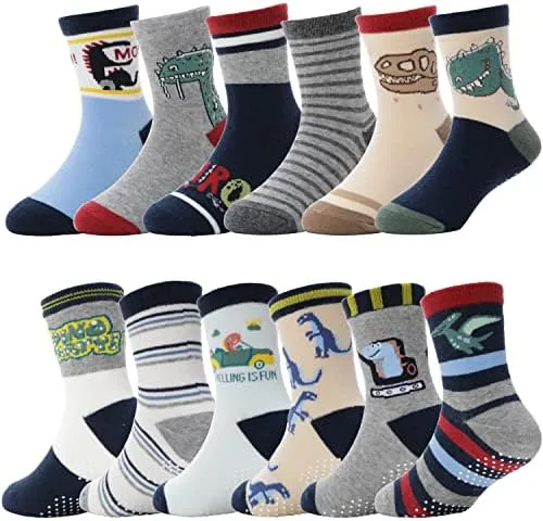 antsang baby boys grips socks kids toddlers infants non slipanti skid crew cotton socks 12 pairs boys dinosaur12 pairs5 8 y