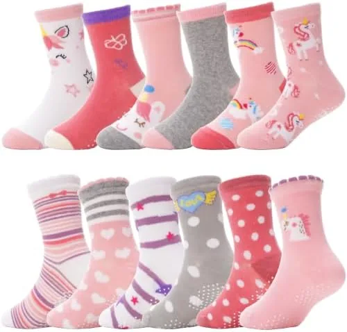 antsang baby girls toddlers grips socks kids non slipanti skid unicorn striped crew cotton gift socks 12 pairs girls unicorn pink12 pairs5 8 y