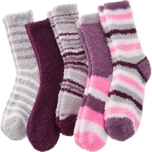 antsang fuzzy slipper socks for women men fluffy warm winter socks valentines galentines day christmas gift stocking stuffers 5 pairsstripegreypurplem